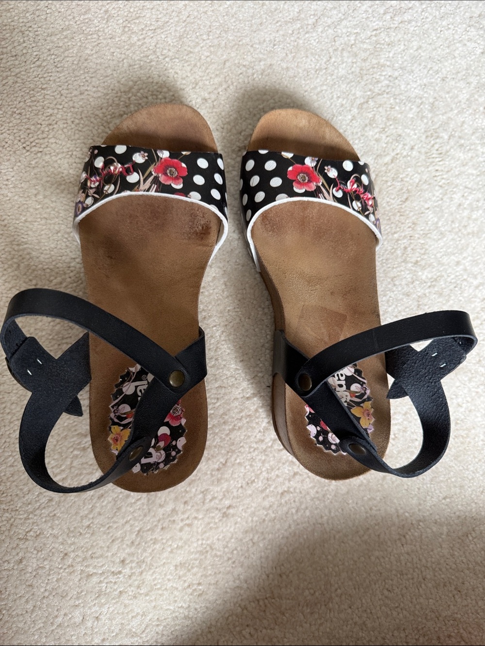 Desigual Black Polka Dot Sandals with Red Floral Accents